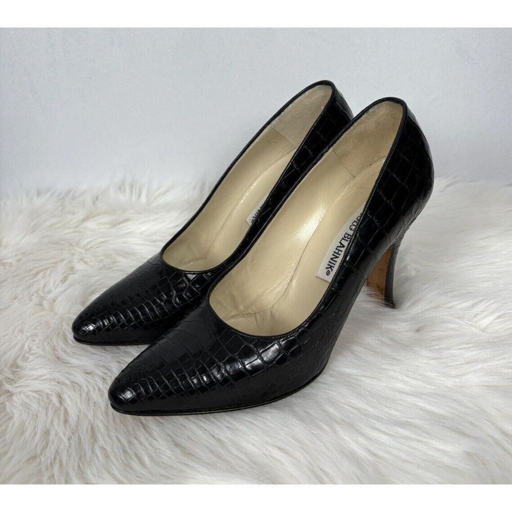 Manolo Blahnik Stiletto Pointed Toe Pumps Black Alligator Crocodile Size 37 - Picture 5 of 10